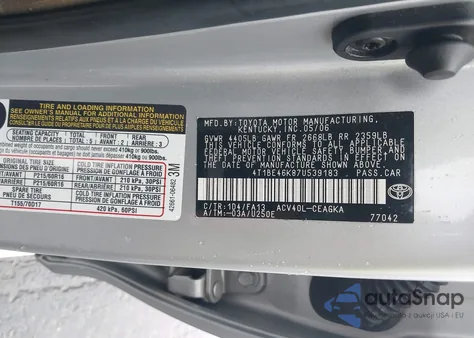 2007 Toyota Camry Xle from USA, damaged, VIN 4T1BE46K87U539183